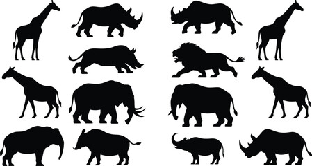 African Safari Animal Silhouette Set Featuring Elephant Rhinoceros Lion Giraffe Buffalo and Wild Boar Collection © SreePoreshChandra