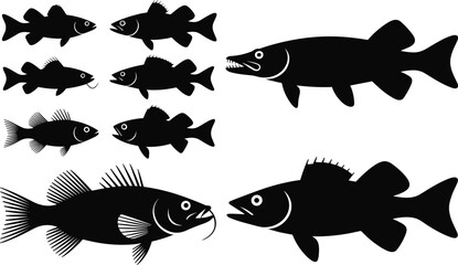 Fototapeta premium Black Fish Silhouette Collection Vector Set Featuring Freshwater and Predatory Fish Isolated on Gray Background