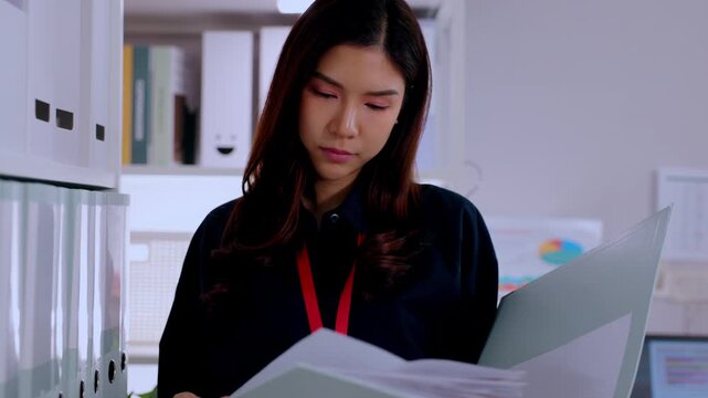 Focused young asian professional employee woman standing in corporate office searching important paper document file folder then opening home kitchen refrigerator with serious expression
