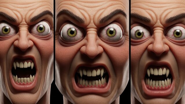 A trio of expressions: Extreme rage depicted through exaggerated facial features with fangs