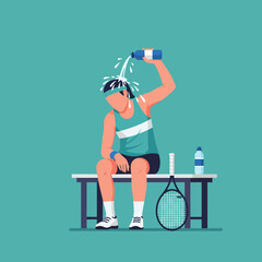Tennis player pouring water over head while resting on bench © Dawnside Graphic