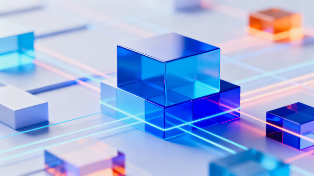 This 3D rendered tech background features translucent glass cubes connected by glowing neon light lines, creating a futuristic digital network scene.