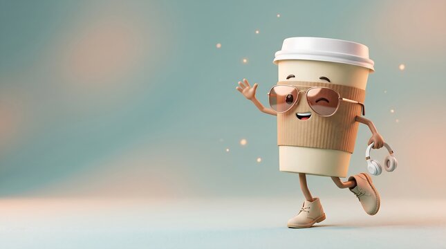 Cool 3D coffee cup character with sunglasses and headphones