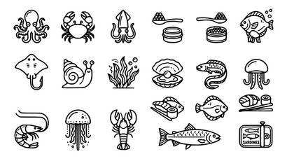 Seafood Line Icon Set with Octopus Crab Lobster Sushi and Marine Food Symbols © Joy