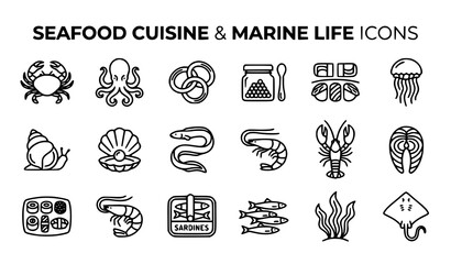 Seafood and Ocean Cuisine Line Icons Vector Set with Fish Crab and Sushi Symbols © Joy