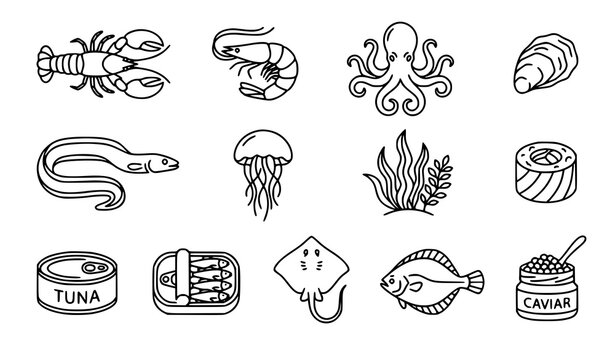 Marine Seafood Outline Icon Collection with Lobster Shrimp Oyster and Sushi Vector