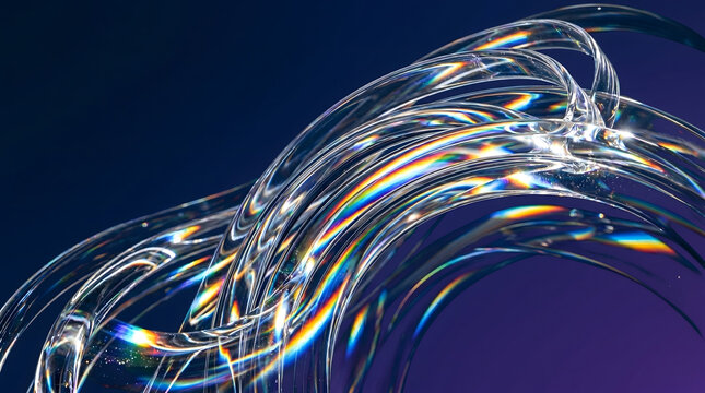 Layered transparent glass arcs with rainbow refraction on deep blue futuristic background artwork 3D