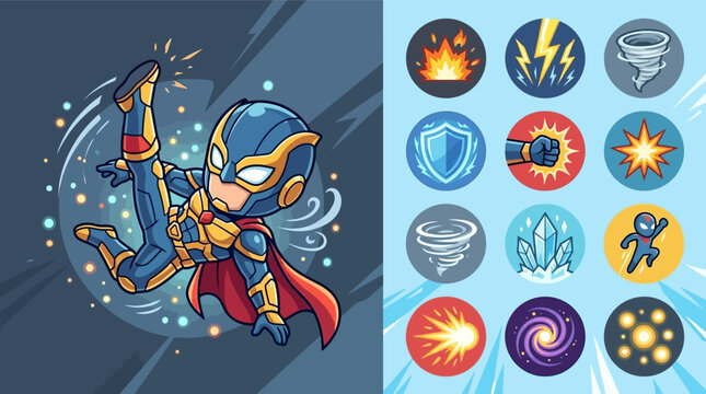 Vector illustration featuring a chibi superhero in blue and gold armor with a red cape performing an acrobatic kick, alongside a collection of twelve circular game ability icons.