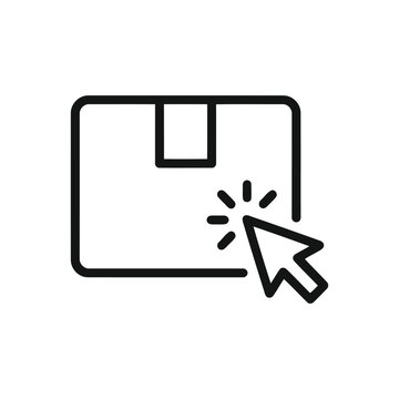 Vector icon of a cardboard box with a computer mouse cursor clicking on it, representing online shopping, delivery, or order tracking
