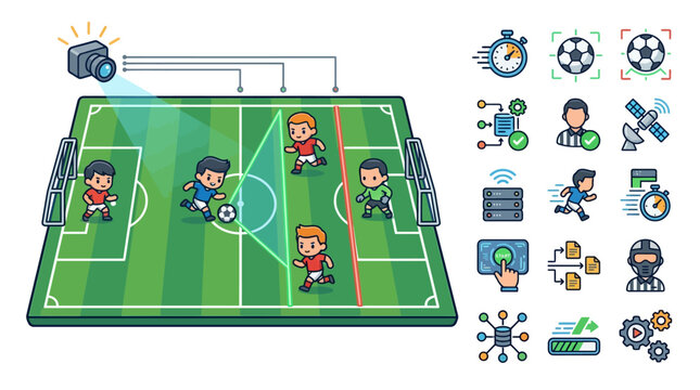 Cute chibi flat vector illustration of a soccer match featuring VAR technology, digital camera tracking, offside line analysis, and a collection of sports data and referee icons.
