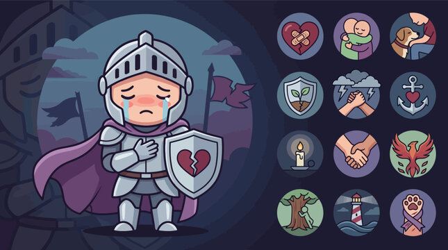 Flat vector illustration of a crying chibi knight in silver armor with a broken heart shield, alongside icons representing grief, healing, emotional support, and mental health recovery.