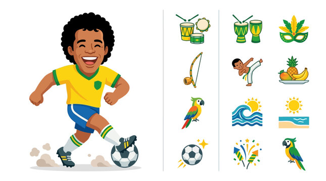 Vector illustration of a Brazilian soccer player in a yellow jersey dribbling a ball, with cultural icons including Carnival masks, capoeira, macaws, tropical fruits, and beach scenery.