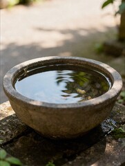 Fototapeta premium Stone bowl filled with clear rippling water in zen garden for wellness branding and mindfulness meditation practice website header