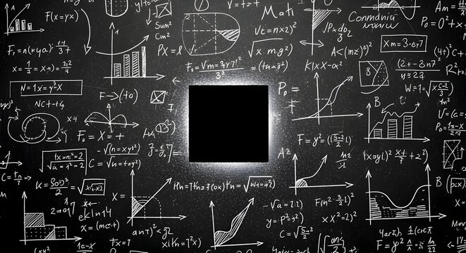 Minimalist black chalkboard texture completely filled with hand drawn layered mathematical equations complex physics formulas and scientific graph coordinate plots
