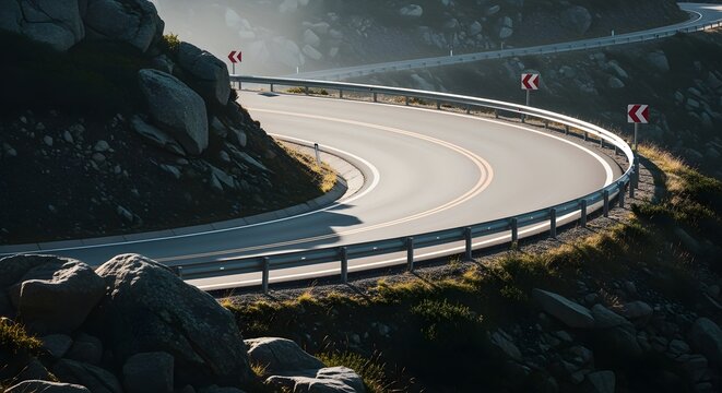 Winding asphalt mountain highway curving sharply around steep rocky slopes equipped with safety guardrails and directional arrow traffic signs at sunset