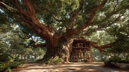 Fototapeta premium Southern Magnolia - Massive Ancient Tree with Integrated Treehouse Scenery