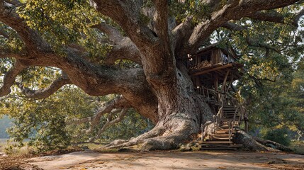 Fototapeta premium Southern Red Oak - Massive Ancient Tree with Integrated Treehouse Scenery