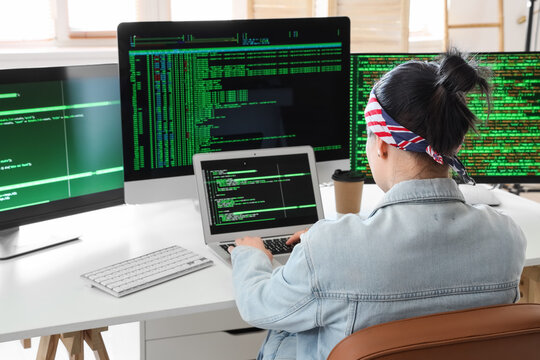 Female programmer working at desk in office, back view