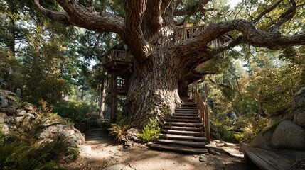 Fototapeta premium Monterey Pine - Massive Ancient Tree with Integrated Treehouse Background