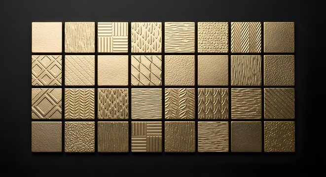 Premium top down flat lay of small gold geometric tiles featuring luxurious textures arranged in perfectly seamless repeating grid pattern