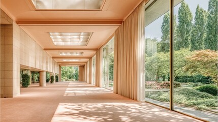 Fototapeta premium Modern architectural interior perspective with large windows and natural light