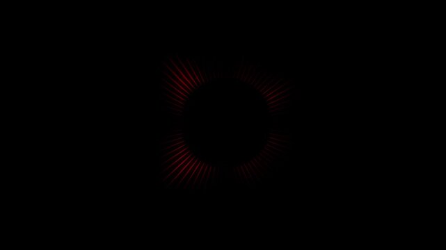 Abstract red circular audio spectrum visualizer pulsing rhythmically on a deep black background, for music production, digital media projects, broadcast and modern motion