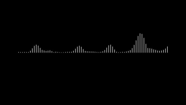 Minimalist white audio waveform visualization on black background, dynamic sound frequency spectrum animation for music production, digital equalizer interface, abstract motion for media projects