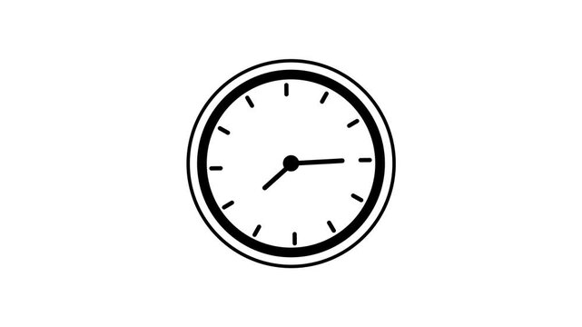 Minimalist black and white analog wall clock face animation with rapidly moving hour and minute hands indicating passing time, deadline pressure, efficiency, and precise scheduling for business
