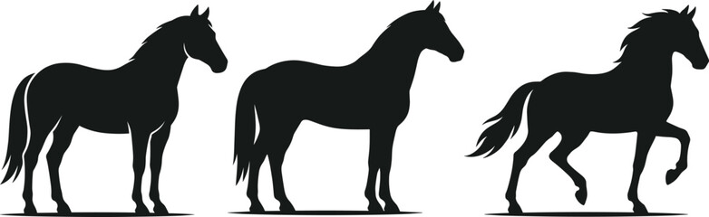 Black silhouettes of horses standing and trotting with flowing manes and tails showing elegant animal poses on white background © RAFIQUL