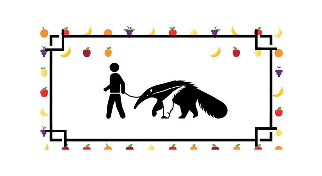 Person walking a giant anteater on a leash, framed by a fruit border