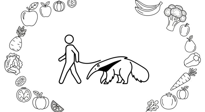 Person walking an anteater on a leash surrounded by fruits and vegetables
