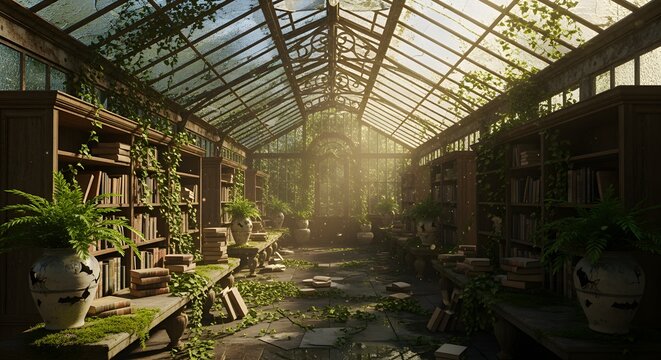 Ultra detailed abandoned greenhouse converted into a hidden secret library filled with bookshelves lush green climbing ivy and warm sunlight beams