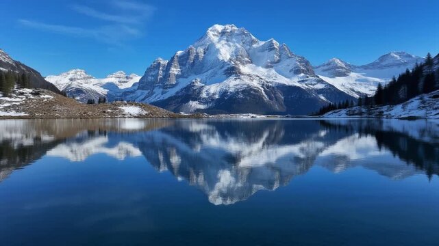Snowy mountain peak reflection in a calm blue lake. Clear sky over winter alpine scenery. Still water creating a perfect mirror effect. Static landscape video footage.