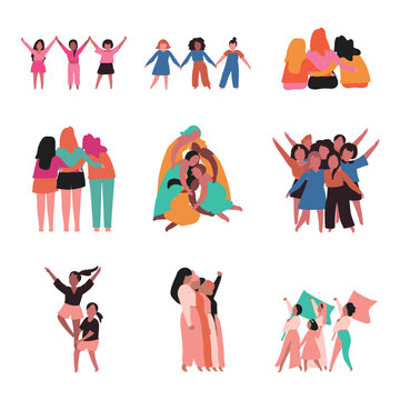 Group of diverse women hugging and supporting each other. Sisterhood and female empowerment concept. Flat colorful vector illustration.