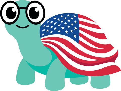 Cartoon turtle with American flag shell and glasses smiling  patriotic animal