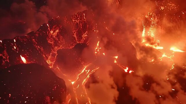Erupting volcano with lava flows.