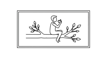 Fototapeta premium Man eating fruit from bowl sitting on tree branch, healthy lifestyle, nature, simple line drawing