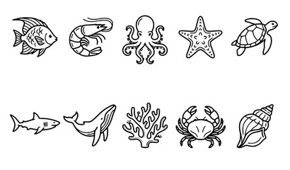 Minimal Sea Life Outline Icons Vector Set with Fish Shark Turtle and Octopus © Joy