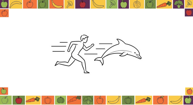Man running away from a dolphin, surreal concept, healthy lifestyle, food border