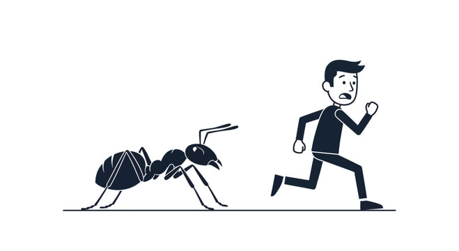 Man Running Away From Giant Ant, Fear of Insects, Phobia Concept