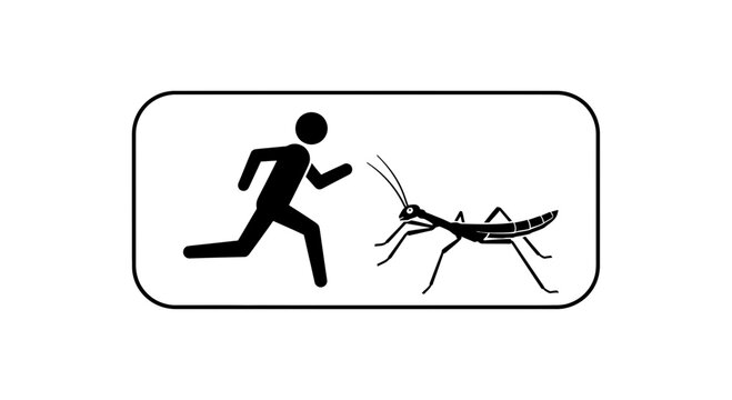 Man Running Away from Praying Mantis Icon, Fear of Insects Concept