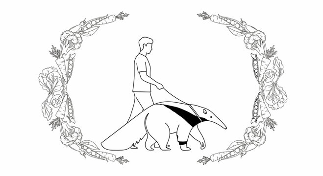 Man walking a giant anteater on a leash, surrounded by a vegetable wreath