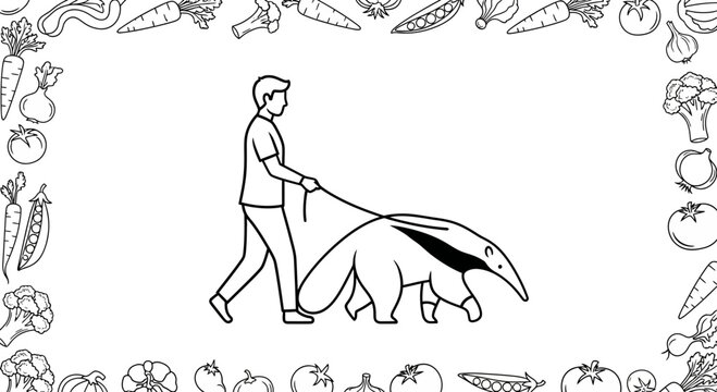 Man walking an anteater on a leash, surrounded by a vegetable border, line art