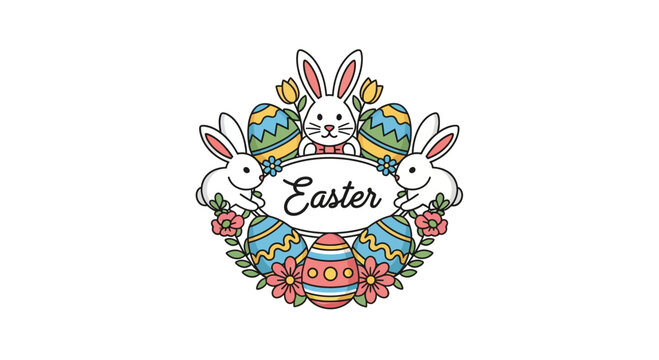 Easter Holiday Greeting with Rabbits and Colorful Decorated Eggs