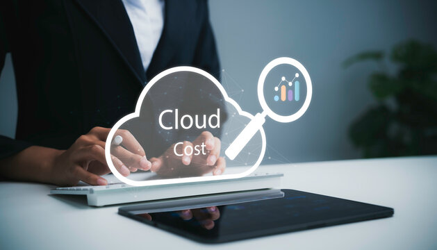 Cloud cost management concept with digital analytics monitoring business technology data optimization budgeting infrastructure efficiency security remote computing interface