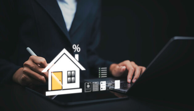 Business investor using digital mortgage platform for home loan approval and property financing on online banking system with interest rate planning financial management and secure payment technology