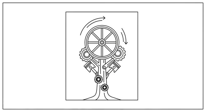 Internal Combustion Engine Diagram: Piston, Crankshaft, Gears, and Flywheel Motion