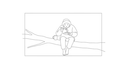 Fototapeta premium Cozy Person Eating Meal on Tree Branch, Winter Comfort, Outdoor Picnic