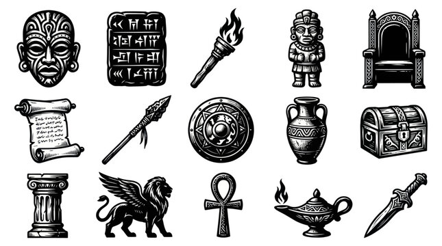 Ancient Civilization Icons: Mask, Tablet, Torch, Idol, Throne, Scroll, Spear, Shield, Vase, Chest, Column, Griffin, Ankh, Lamp, Sword
