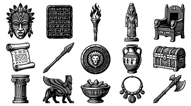 Ancient Egyptian Artifacts - Mask, Scroll, Torch, Statue, Throne, Chest, Ax, Column